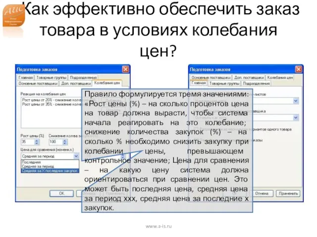 Как эффективно обеспечить заказ товара в условиях колебания цен? www.a-is.ru Правило формулируется