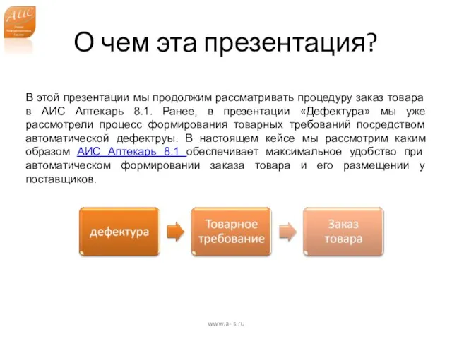 О чем эта презентация? www.a-is.ru В этой презентации мы продолжим рассматривать процедуру