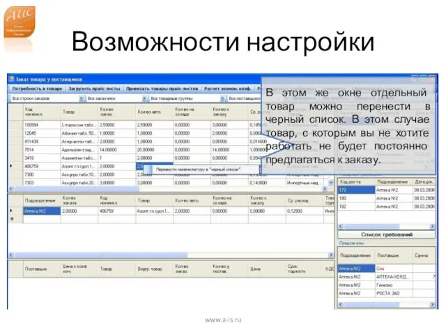 Возможности настройки www.a-is.ru В этом же окне отдельный товар можно перенести в