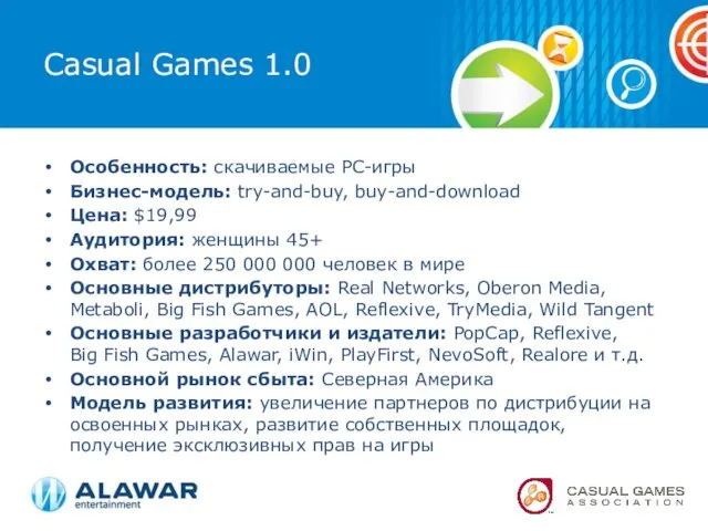 Casual Games 1.0 Особенность: скачиваемые PC-игры Бизнес-модель: try-and-buy, buy-and-download Цена: $19,99 Аудитория: