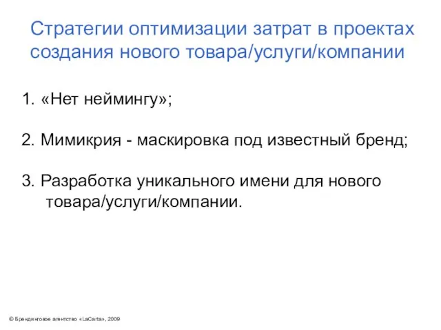 Стратегии оптимизации затрат в проектах создания нового товара/услуги/компании 1. «Нет неймингу»; 2.