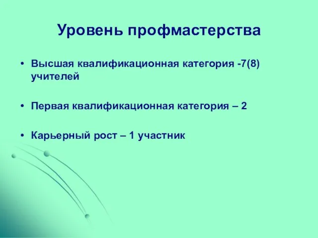 Уровень профмастерства Высшая квалификационная категория -7(8) учителей Первая квалификационная категория – 2