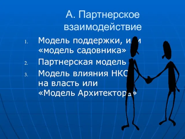 А. Партнерское взаимодействие Модель поддержки, или «модель садовника» Партнерская модель Модель влияния