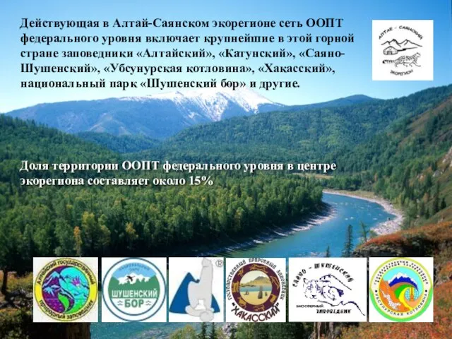 Действующая в Алтай-Саянском экорегионе сеть ООПТ федерального уровня включает крупнейшие в этой