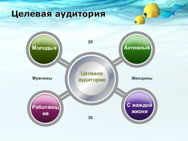 Целевая аудитория С жаждой жизни Работающие Молодые Активные 20 Мужчины Женщины 35 Целевая аудитория