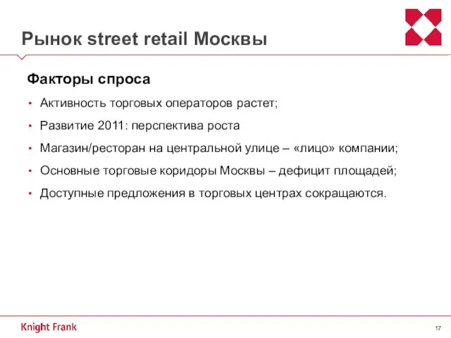 Рынок street retail Москвы Факторы спроса Активность торговых операторов растет; Развитие 2011: