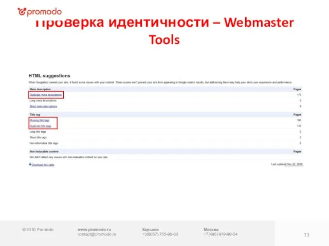 © 2010 Promodo www.promodo.ru contact@promodo.ru Харьков +3(8057) 755-90-60 Москва +7(495) 979-98-54 Проверка идентичности – Webmaster Tools