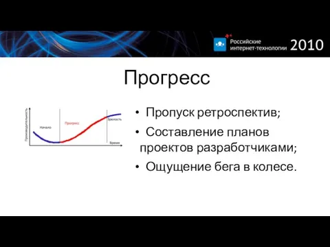 Прогресс Пропуск ретроспектив; Составление планов проектов разработчиками; Ощущение бега в колесе.