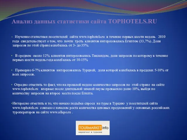 Анализ данных статистики сайта TOPHOTELS.RU Изучение статистики посетителей сайта www.tophotels.ru в течение