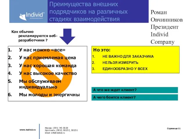 Роман Овчинников Президент Individ Company Преимущества внешних подрядчиков на различных стадиях взаимодействия