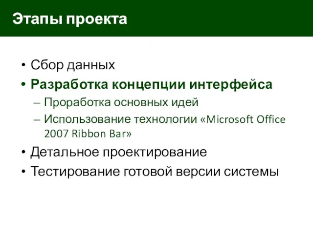 Сбор данных Разработка концепции интерфейса Проработка основных идей Использование технологии «Microsoft Office