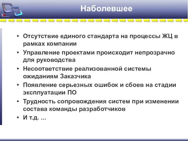 Наболевшее Отсутствие единого стандарта на процессы ЖЦ в рамках компании Управление проектами