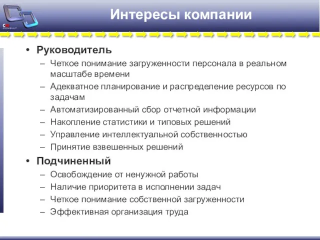 Интересы компании Руководитель Четкое понимание загруженности персонала в реальном масштабе времени Адекватное