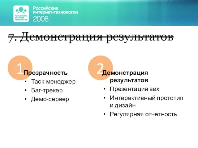 7. Демонстрация результатов 1 Прозрачность Таск-менеджер Баг-трекер Демо-сервер 2 Демонстрация результатов Презентация