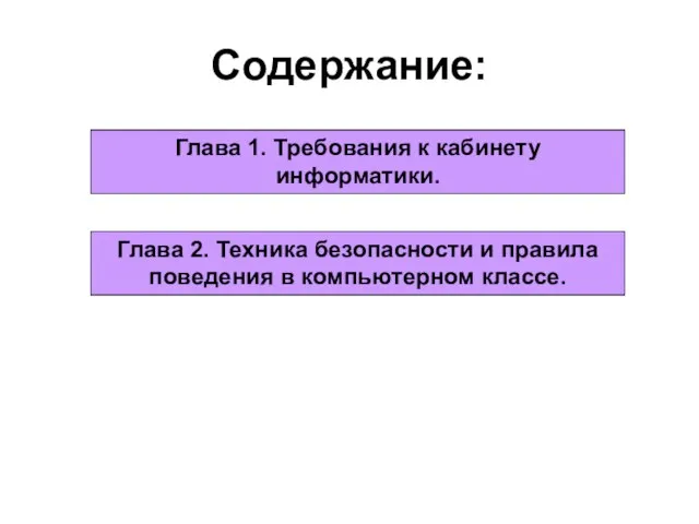 Содержание: Глава 1. Требования к кабинету информатики. Глава 2. Техника безопасности и