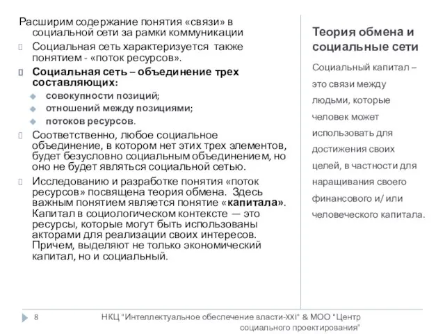 Теория обмена и социальные сети Социальный капитал – это связи между людьми,