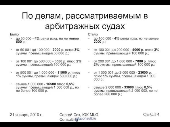 21 января, 2010 г. Сергей Сек, ЮК MLG Consulting По делам, рассматриваемым