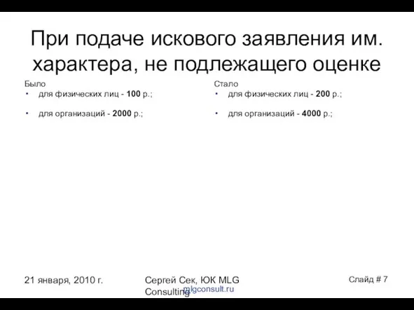 21 января, 2010 г. Сергей Сек, ЮК MLG Consulting При подаче искового