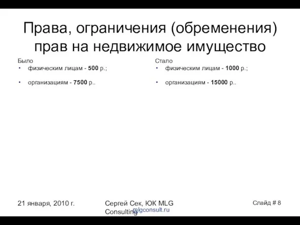 21 января, 2010 г. Сергей Сек, ЮК MLG Consulting Права, ограничения (обременения)