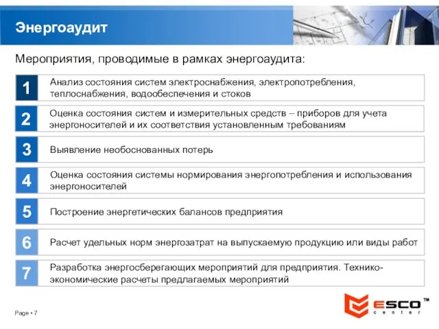 Page ▪ Энергоаудит Мероприятия, проводимые в рамках энергоаудита: Анализ состояния систем электроснабжения,