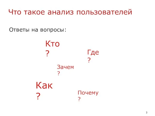 Ответы на вопросы: Что такое анализ пользователей Зачем? Кто? Где? Почему? Как?