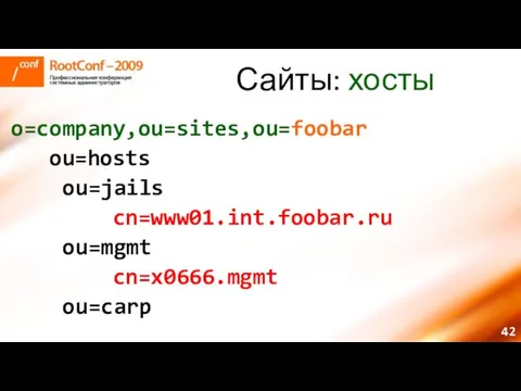 Сайты: хосты o=company,ou=sites,ou=foobar ou=hosts ou=jails cn=www01.int.foobar.ru ou=mgmt cn=x0666.mgmt ou=carp