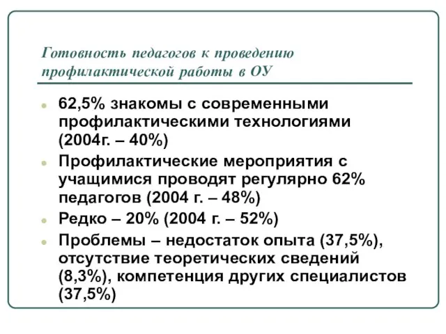 Готовность педагогов к проведению профилактической работы в ОУ 62,5% знакомы с современными