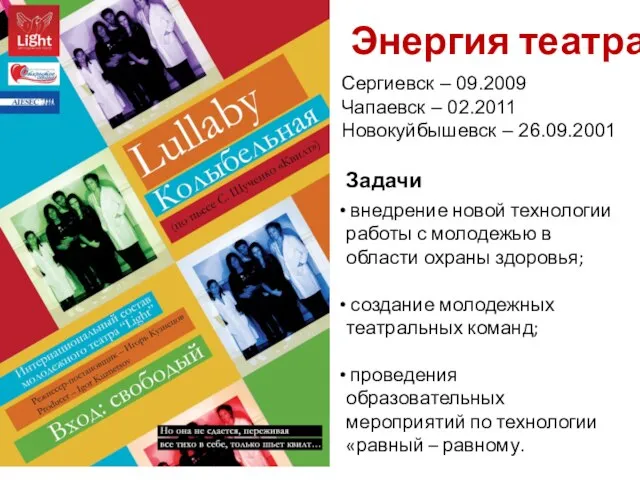 Энергия театра Сергиевск – 09.2009 Чапаевск – 02.2011 Новокуйбышевск – 26.09.2001 Задачи