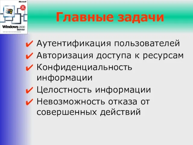 Главные задачи Аутентификация пользователей Авторизация доступа к ресурсам Конфиденциальность информации Целостность информации