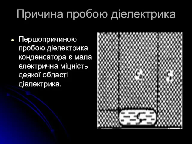 Причина пробою діелектрика Першопричиною пробою діелектрика конденсатора є мала електрична міцність деякої області діелектрика.