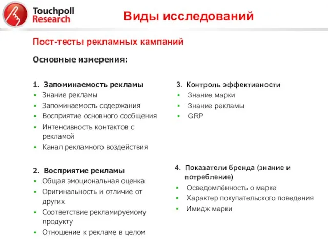 Основные измерения: 3. Контроль эффективности Знание марки Знание рекламы GRP 1. Запоминаемость