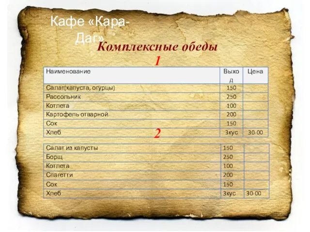 Кафе «Кара-Даг» Комплексные обеды 1 2