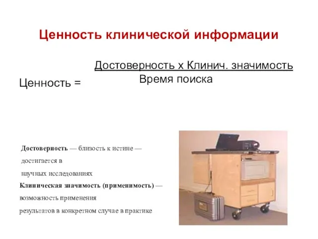 Ценность клинической информации Достоверность x Клинич. значимость Время поиска Достоверность — близость