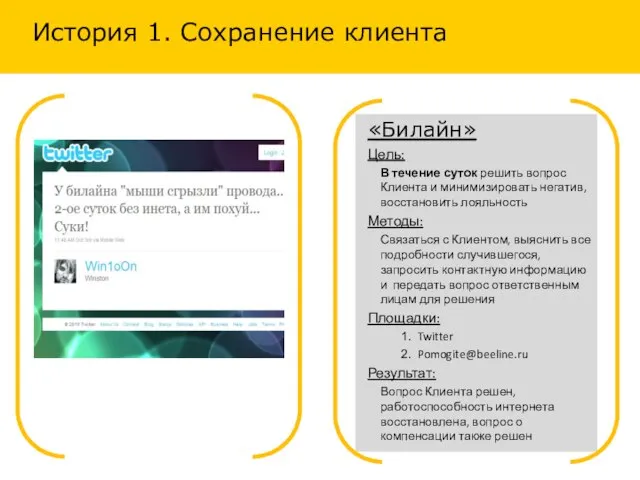 «Билайн» Цель: В течение суток решить вопрос Клиента и минимизировать негатив, восстановить