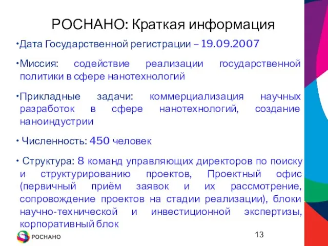 РОСНАНО: Краткая информация Дата Государственной регистрации – 19.09.2007 Миссия: содействие реализации государственной