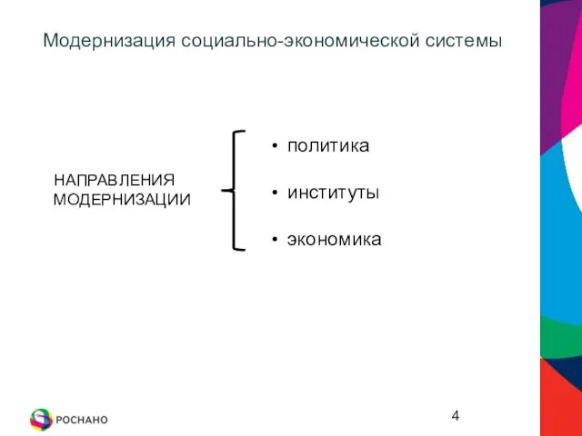 Модернизация социально-экономической системы НАПРАВЛЕНИЯ МОДЕРНИЗАЦИИ политика институты экономика