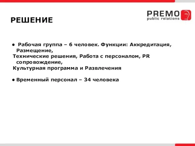 Рабочая группа – 6 человек. Функции: Аккредитация, Размещение, Технические решения, Работа с