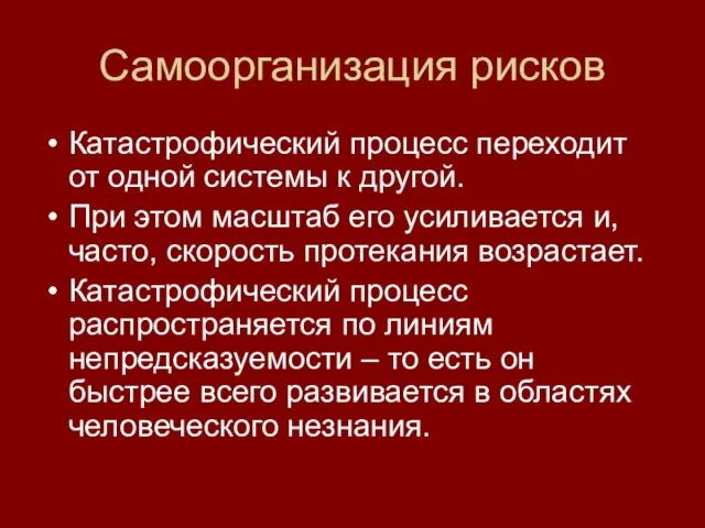 Самоорганизация рисков Катастрофический процесс переходит от одной системы к другой. При этом