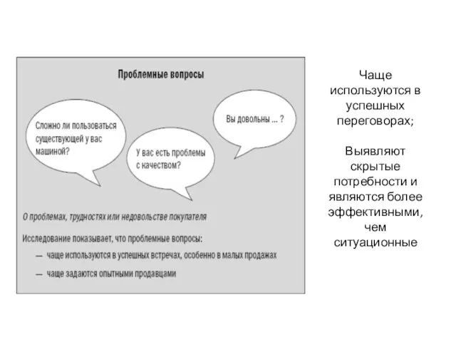 Чаще используются в успешных переговорах; Выявляют скрытые потребности и являются более эффективными, чем ситуационные