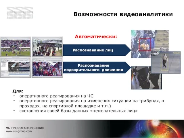 Распознавание подозрительного движения Распознавание лиц Возможности видеоаналитики Автоматически: Для: оперативного реагирования на