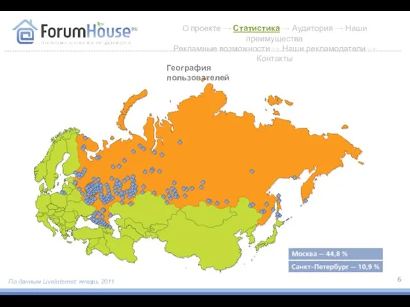 География пользователей По данным LiveInternet: январь 2011 О проекте → Статистика →