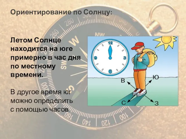 Ориентирование по Солнцу: Летом Солнце находится на юге примерно в час дня