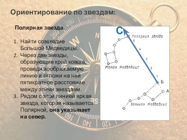 Ориентирование по звездам: Полярная звезда. Найти созвездие Большой Медведицы. Через две звезды,