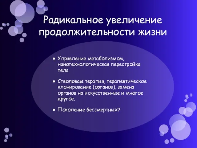 Радикальное увеличение продолжительности жизни Управление метаболизмом, нанотехнологическая перестройка тела Стволоваы терапия, терапевтическое