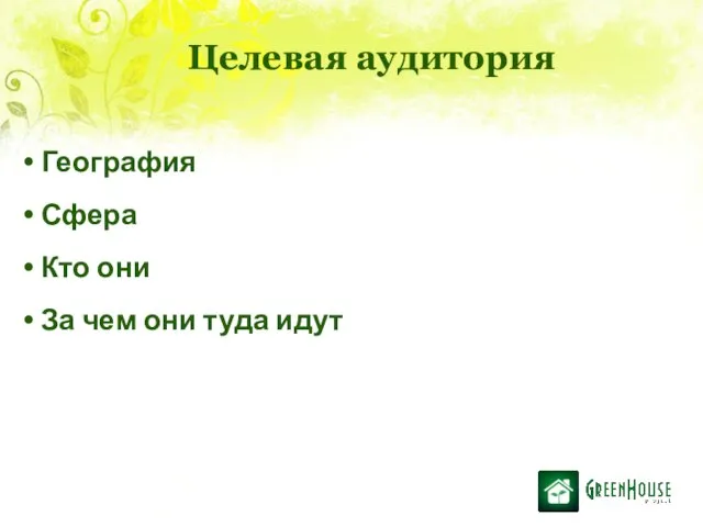 Целевая аудитория География Сфера Кто они За чем они туда идут