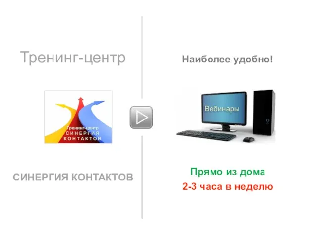 Тренинг-центр СИНЕРГИЯ КОНТАКТОВ Вебинары Наиболее удобно! Прямо из дома 2-3 часа в неделю