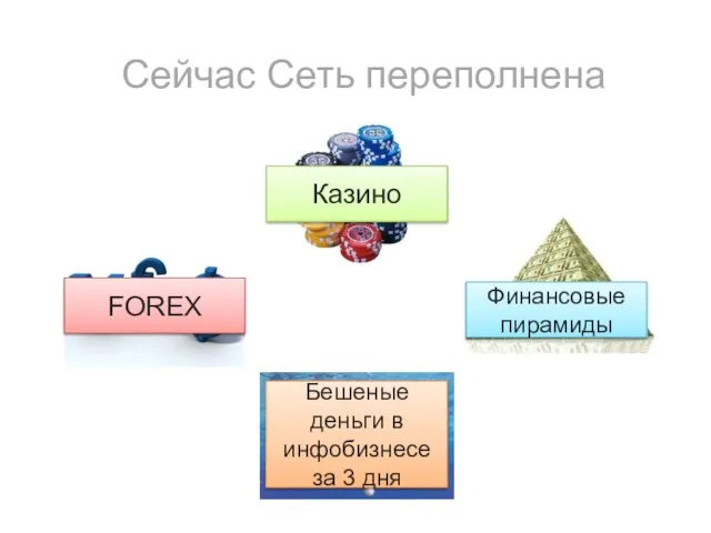 Сейчас Сеть переполнена FOREX Казино Финансовые пирамиды Бешеные деньги в инфобизнесе за 3 дня