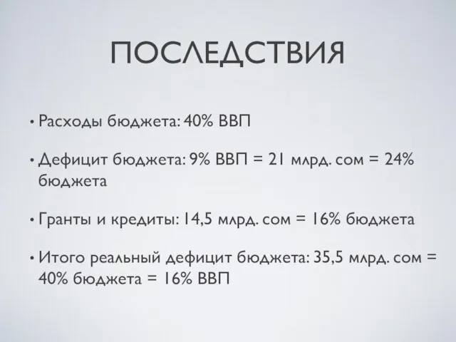 ПОСЛЕДСТВИЯ Расходы бюджета: 40% ВВП Дефицит бюджета: 9% ВВП = 21 млрд.