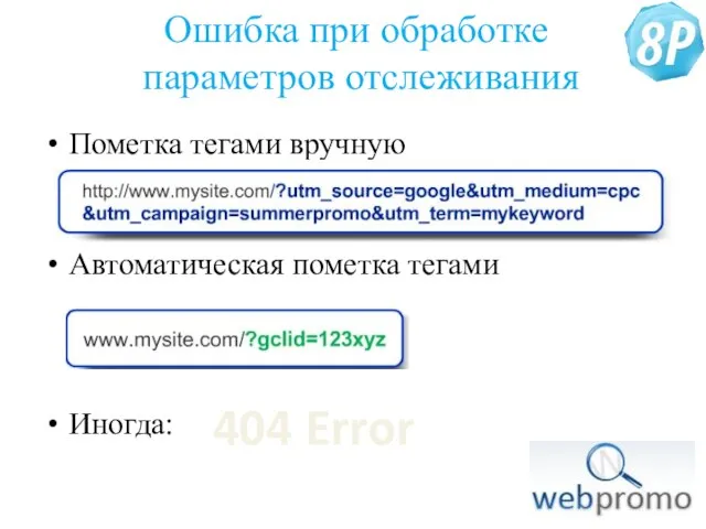 Ошибка при обработке параметров отслеживания Пометка тегами вручную Автоматическая пометка тегами Иногда: 404 Error