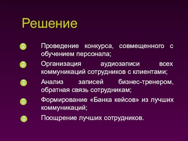 Решение Проведение конкурса, совмещенного с обучением персонала; Организация аудиозаписи всех коммуникаций сотрудников